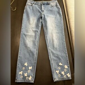 Womens Floral Embellished Straight Leg Jeans Light Wash Rhinestone Sequin SZ 12